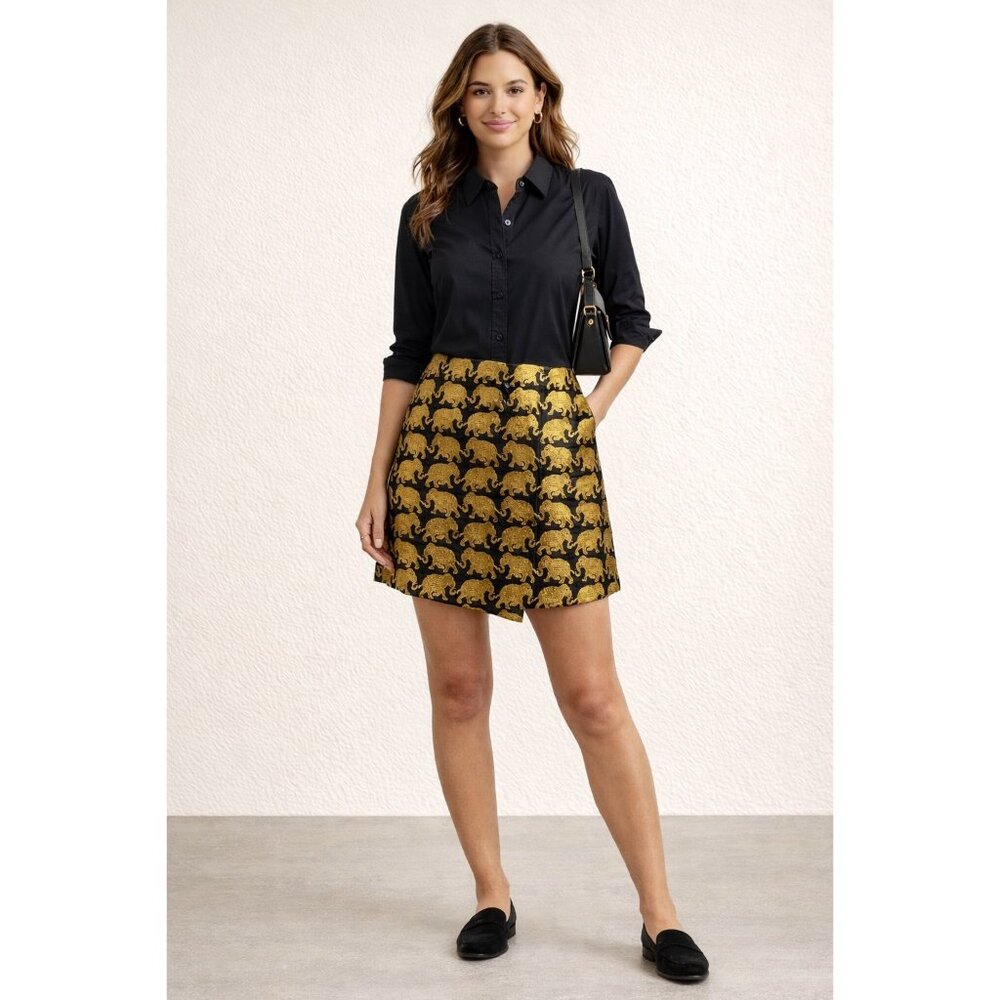 J.Crew Gold Elephant Print Mini Skirt Metallic Black Preppy Lined Altered Sz 12